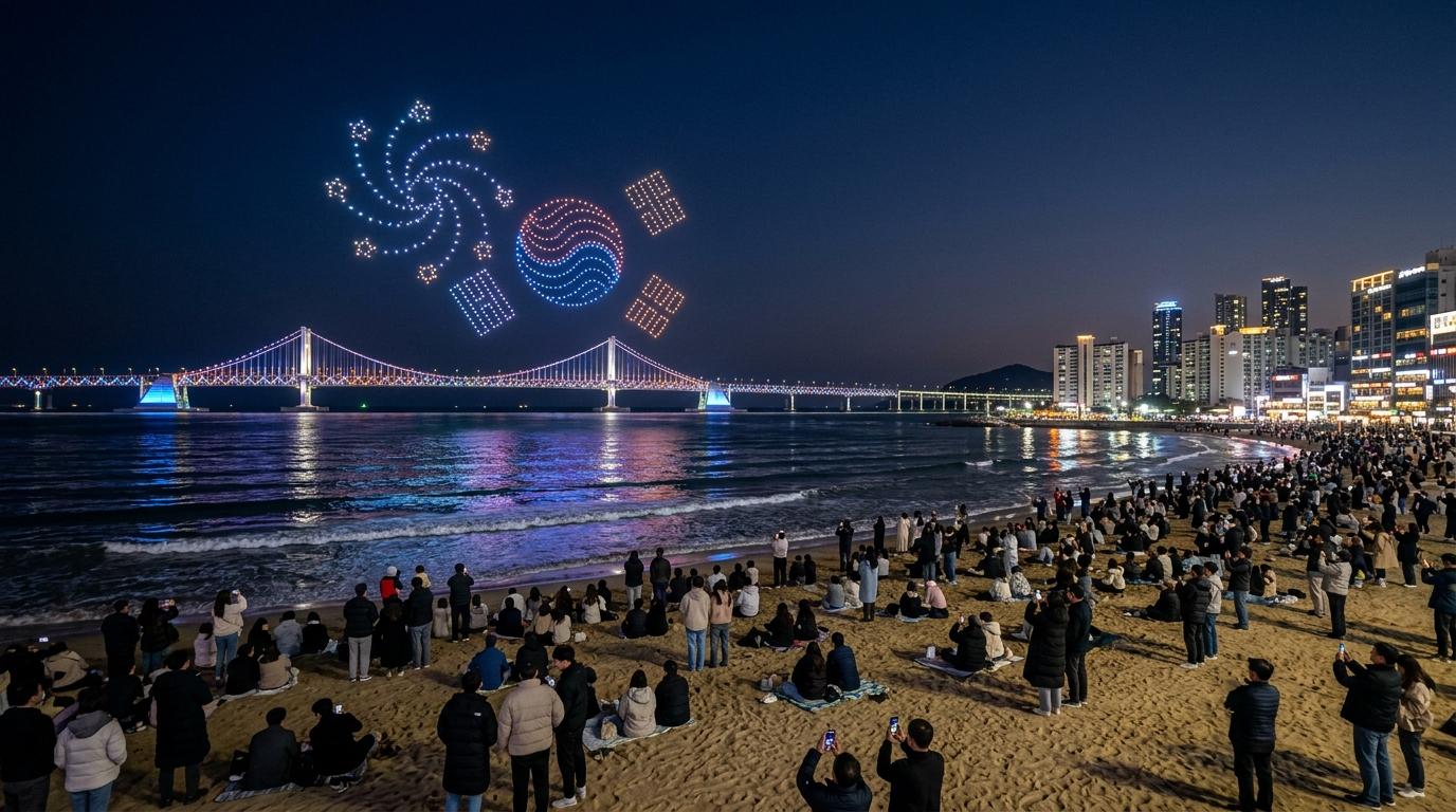 Foto perjalanan gaya fotorealistik yang cerah dan berwarna, suasana malam di Pantai Gwangalli dengan Gwangan Bridge yang menyala, cahaya drone berwarna-warni di langit, orang-orang menonton dari pasir, tanpa teks