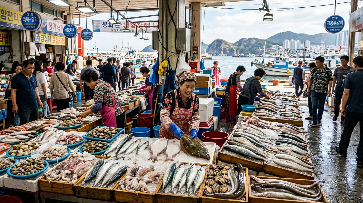 Suasana pasar seafood fotorealistis cerah dan vibrant di Busan dengan pajangan ikan segar, pedagang yang sibuk, cahaya pelabuhan, gaya dokumenter perjalanan yang rapi, tanpa teks