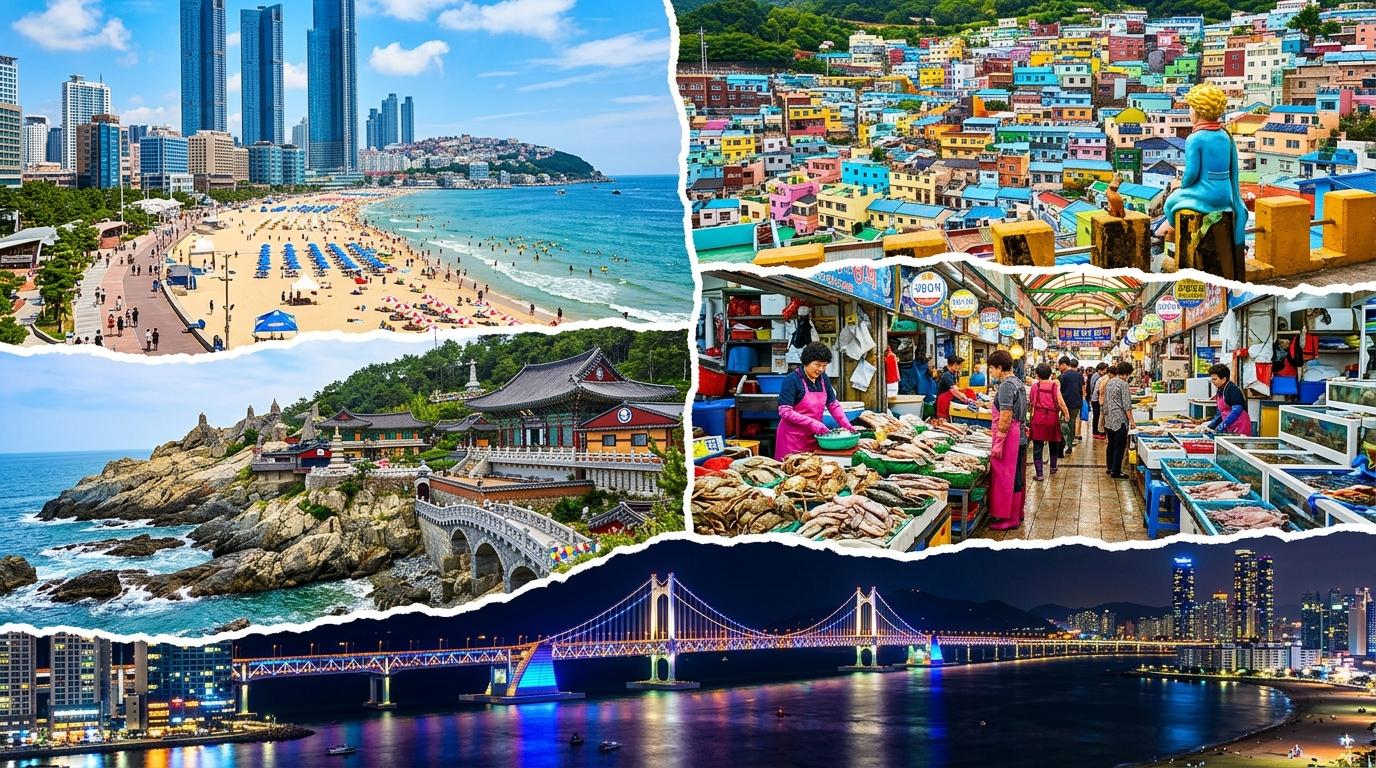 Kolase gaya perjalanan yang cerah, hidup, dan fotorealistis tentang Busan dengan pantai, desa warna-warni, pasar seafood, kuil tepi laut, dan jembatan malam, tanpa teks