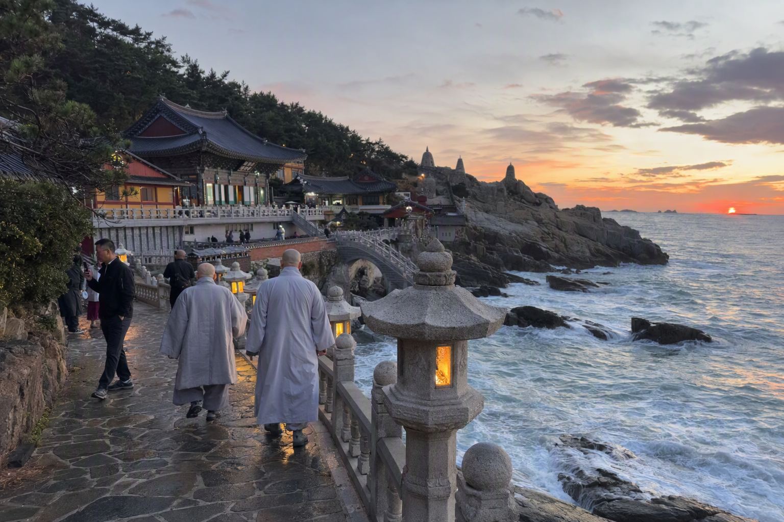 Bright vibrant photorealistic sunrise at a seaside Buddhist temple in Busan with ocean waves, stone lanterns, warm golden light, peaceful atmosphere, no text