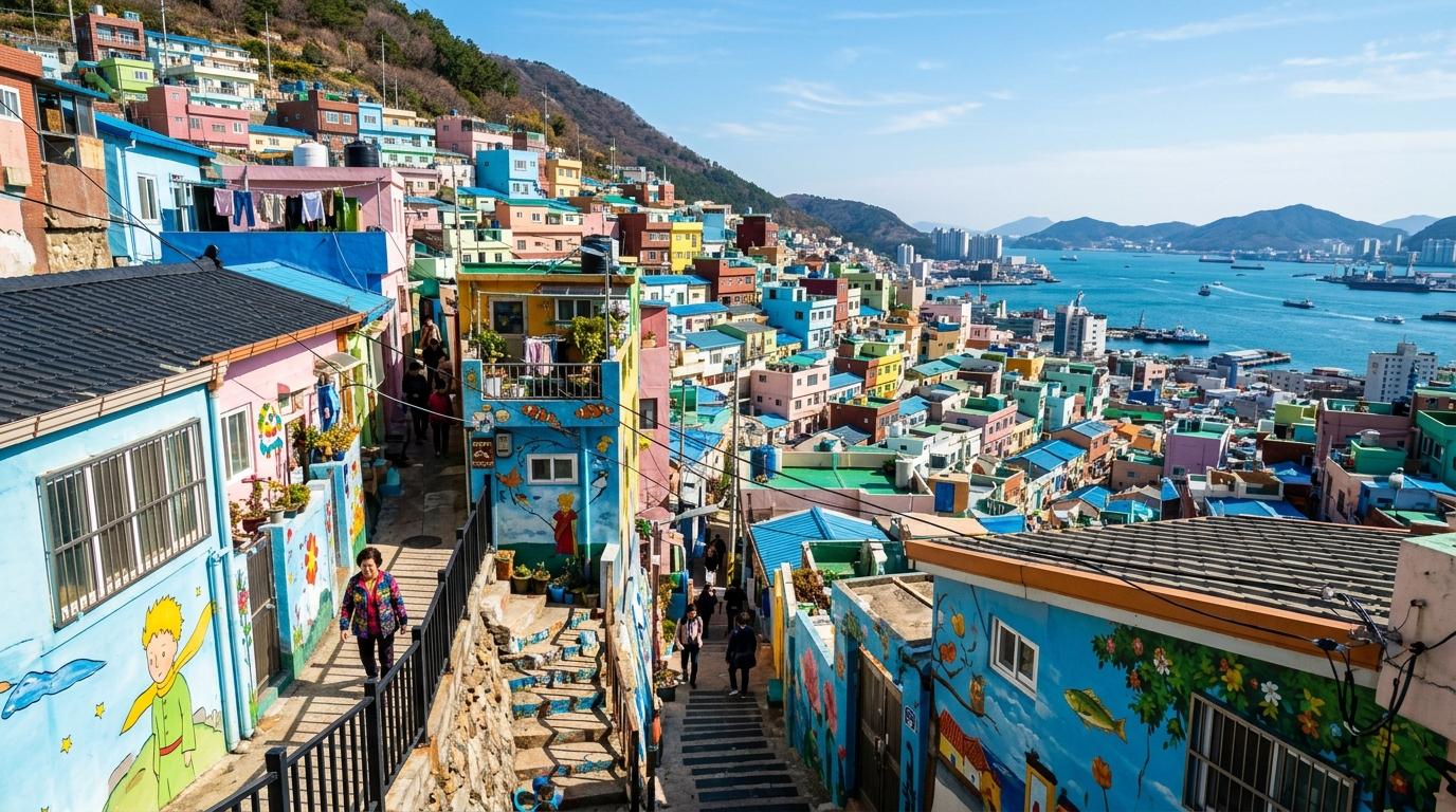 Pemandangan fotorealistis cerah dan vibrant deretan rumah warna-warni di lereng bukit di Desa Budaya Gamcheon dengan tangga sempit, mural, laut biru di kejauhan, pagi yang cerah,