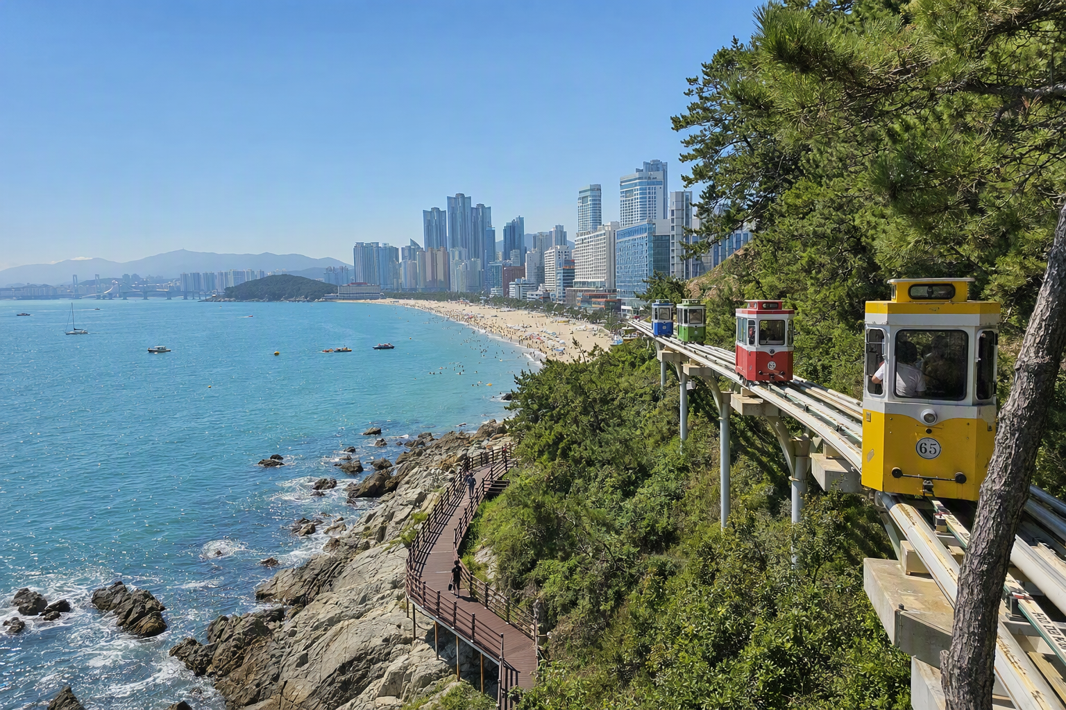 Bright vibrant photorealistic view of colorful sky capsules moving along the Busan coast above blue ocean, sunny afternoon, cheerful travel mood, no text