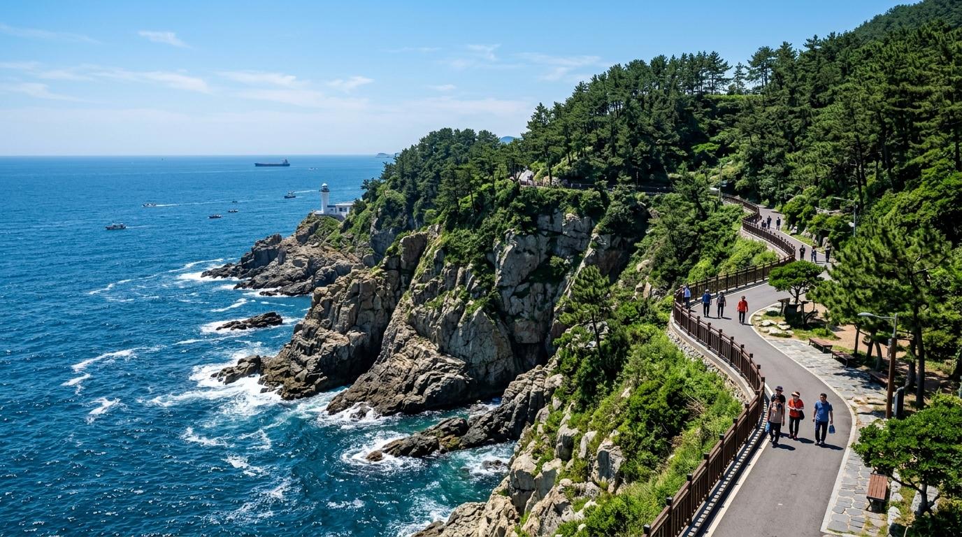 Foto perjalanan gaya fotorealistik yang cerah dan berwarna, tebing pantai di Taejongdae, Busan dengan laut biru tua, pohon pinus, jalur jalan kaki, langit cerah, tanpa teks