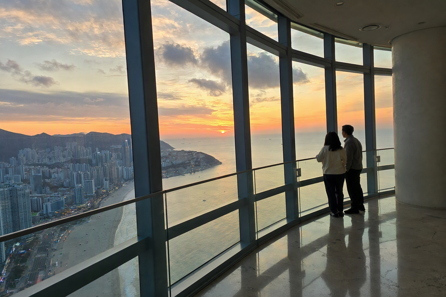 Bright vibrant photorealistic high observation deck view over Haeundae Beach, Busan city skyline, ocean and mountains at sunset, clean glass interior, no text