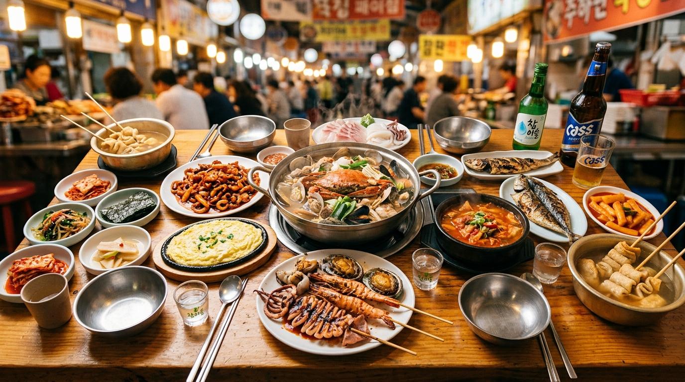 Foto realistis cerah dan hidup, meja makanan Busan dengan seafood, jajanan pasar, sup, sate tusuk dan minuman, pencahayaan restoran hangat, gaya editorial travel, tanpa teks