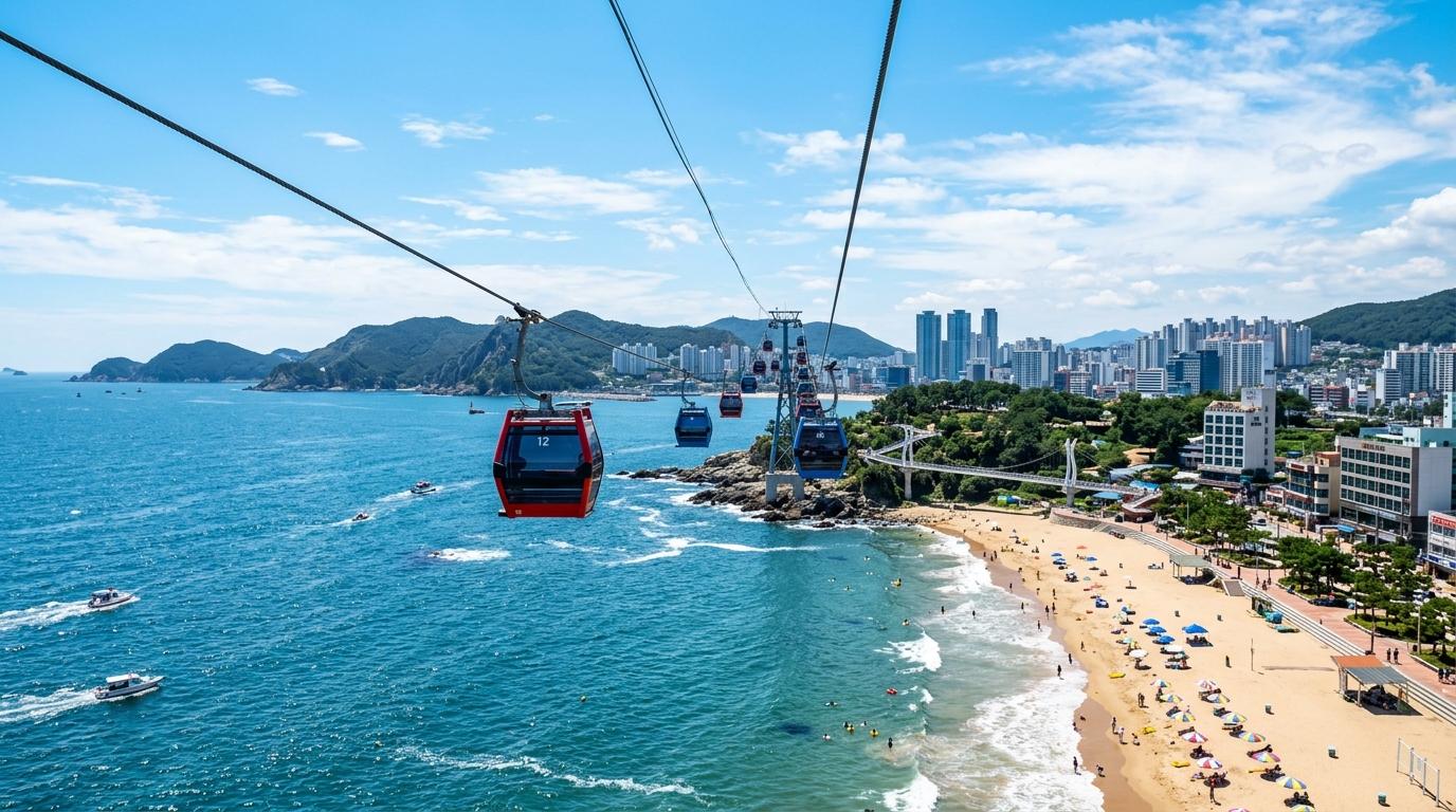 Foto perjalanan gaya fotorealistik yang cerah dan berwarna, kereta gantung laut Songdo di atas laut biru di Busan dengan garis pantai, pantai kecil, langit cerah, tanpa teks