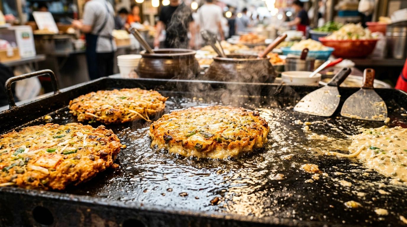 Яркий реалистичный крупный план, блины из бобов мунг шкворчат на большой железной жаровне, золотистые хрустящие края, пар и блеск масла, фон рыночной точки