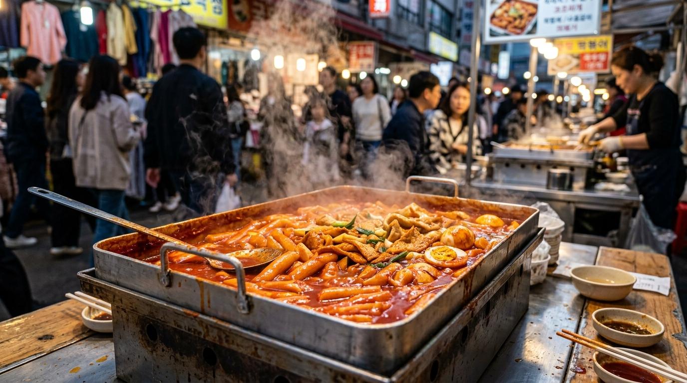 Яркая реалистичная витрина уличной еды с глянцевыми красными токпокки, рыбными котлетками и вареными яйцами, поднимается пар, оживленный фон рынка в Сеуле, без видимого текста