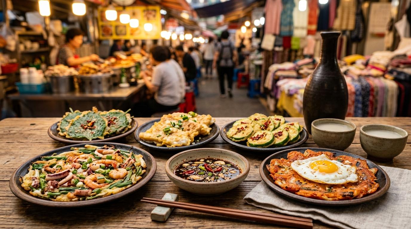 Яркая реалистичная выкладка ассорти корейских чон на тарелках, маленькая миска соуса для макания и мутное рисовое вино, теплый рыночный свет, без видимого текста