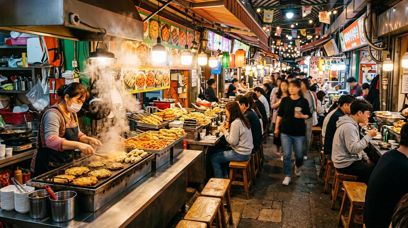 Яркий, реалистичный фуд-ряд внутри крытого рынка Сеула, разноцветные прилавки, шкворчащие жарочные поверхности, общие табуреты, поднимающийся пар, оживленная, но гостеприимная атмосфера