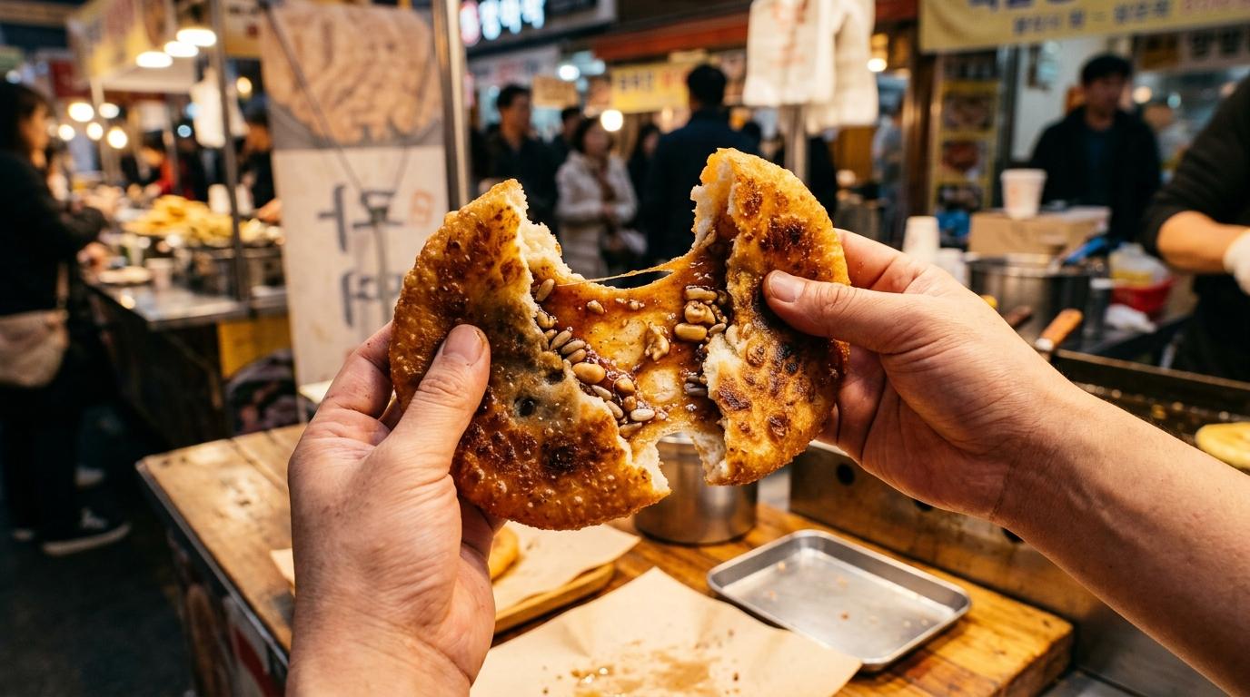 Яркий реалистичный крупный план золотистого хоттока, который разламывают пополам, расплавленная начинка из коричневого сахара, хрустящая поверхность, уютный фон рыночной точки, без видимого текста