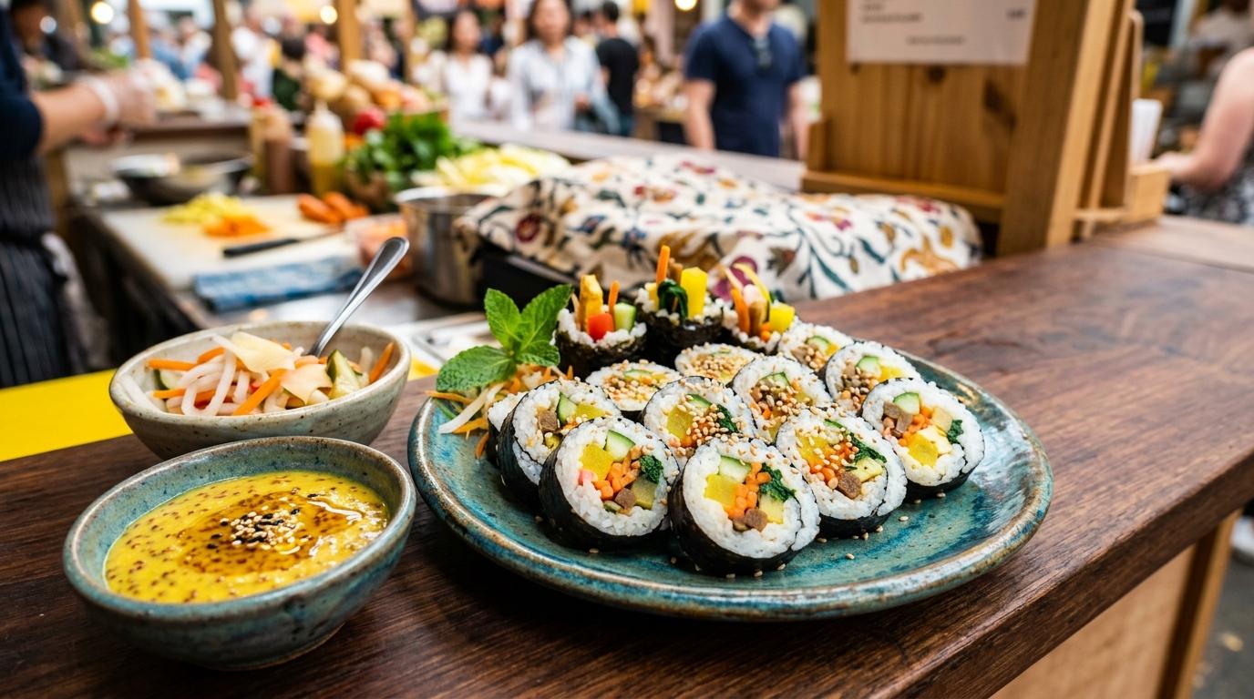 Яркая реалистичная тарелка с маленькими рисовыми рулетиками в нори и горчичным соусом для макания, блеск кунжутного масла, маринованные овощи, обстановка рыночной стойки, без видимого текста