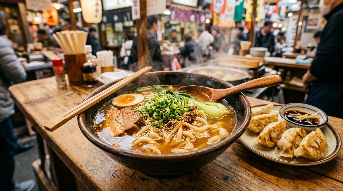 Яркая реалистичная дымящаяся миска супа с лапшой ручной нарезки и зеленым луком, рядом пельмени, уютная рыночная стойка, теплый бульон, без видимого текста