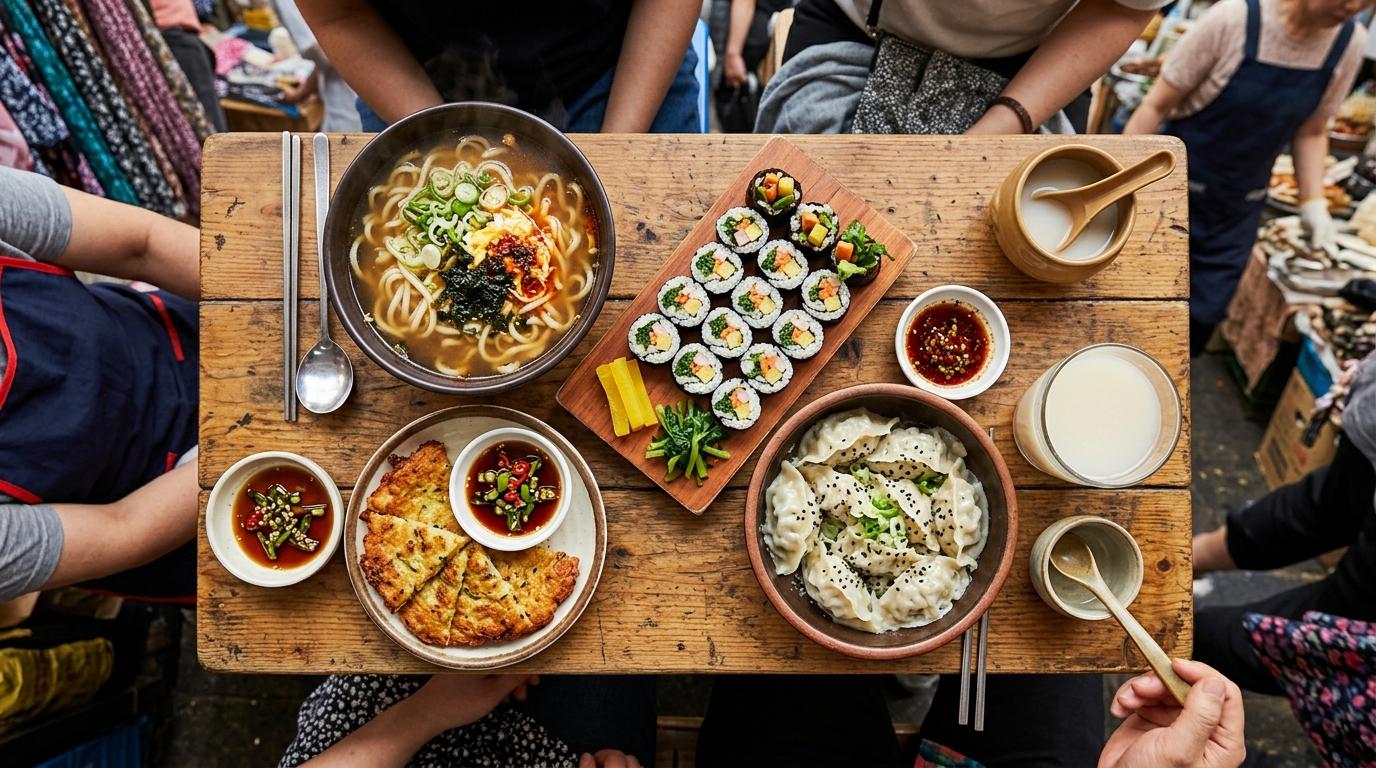 Яркое, реалистичное фото сверху: стол с блинчиком из бобов мунг, маленькими роллами кимбап, супом с лапшой, пельменями, соусами для макания и мутным рисовым вином в оживленной обстановке