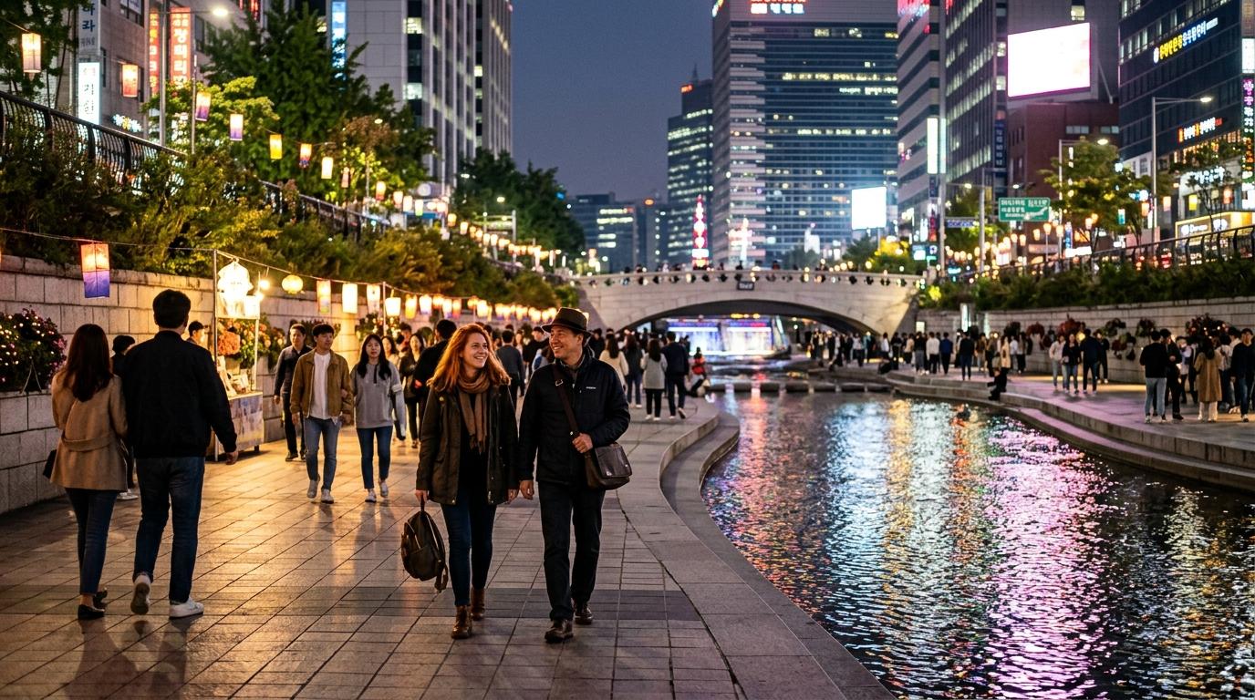 Яркая, насыщенная фотореалистичная вечерняя прогулка у ручья в Сеуле после еды на рынке, городские огни отражаются в воде, путешественники гуляют, теплая городская атмосфера,