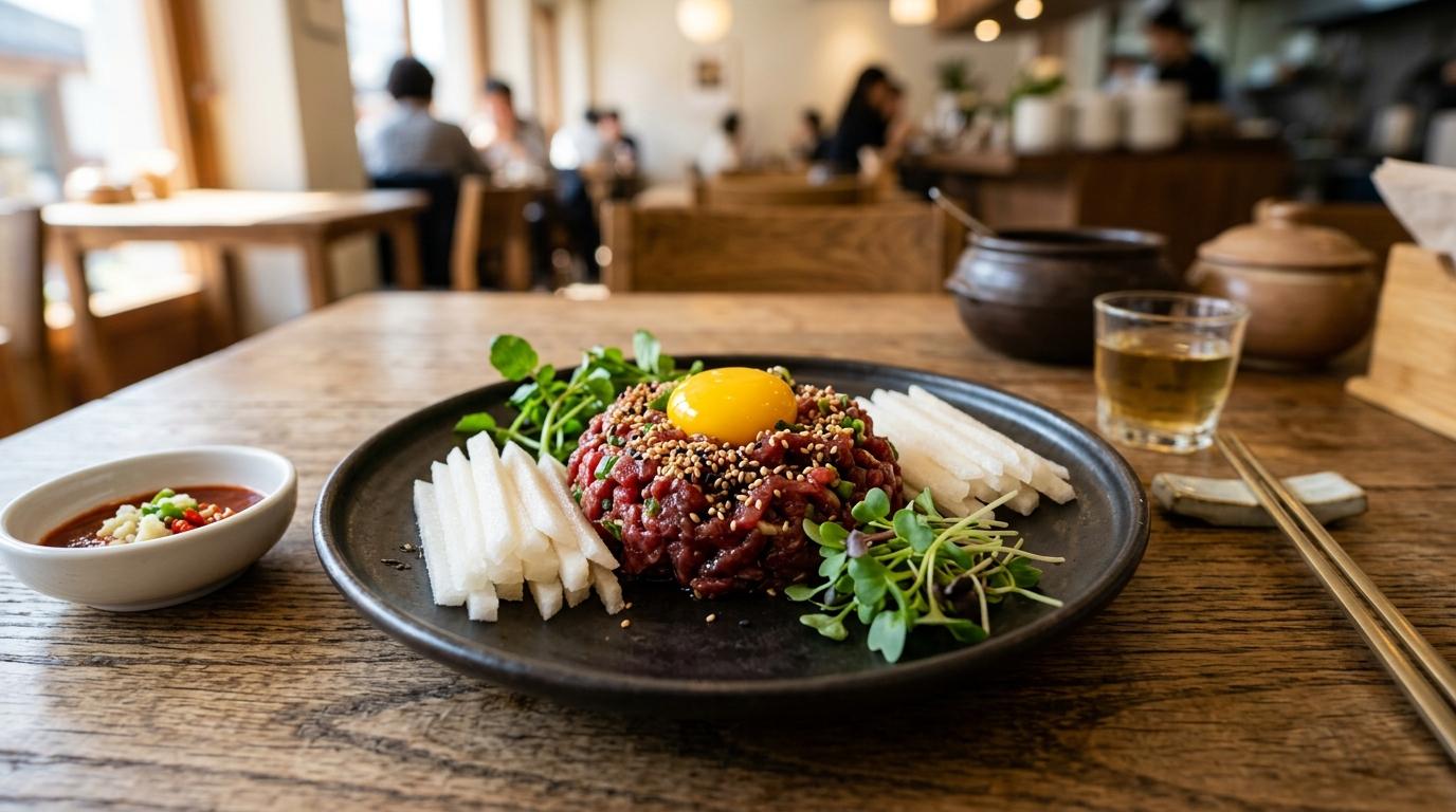 Яркая реалистичная тарелка корейской приправленной сырой говядины с желтком, нарезанной грушей и кунжутом, чистый столик в стиле ресторана на рынке, элегантный свет, без видимого текста