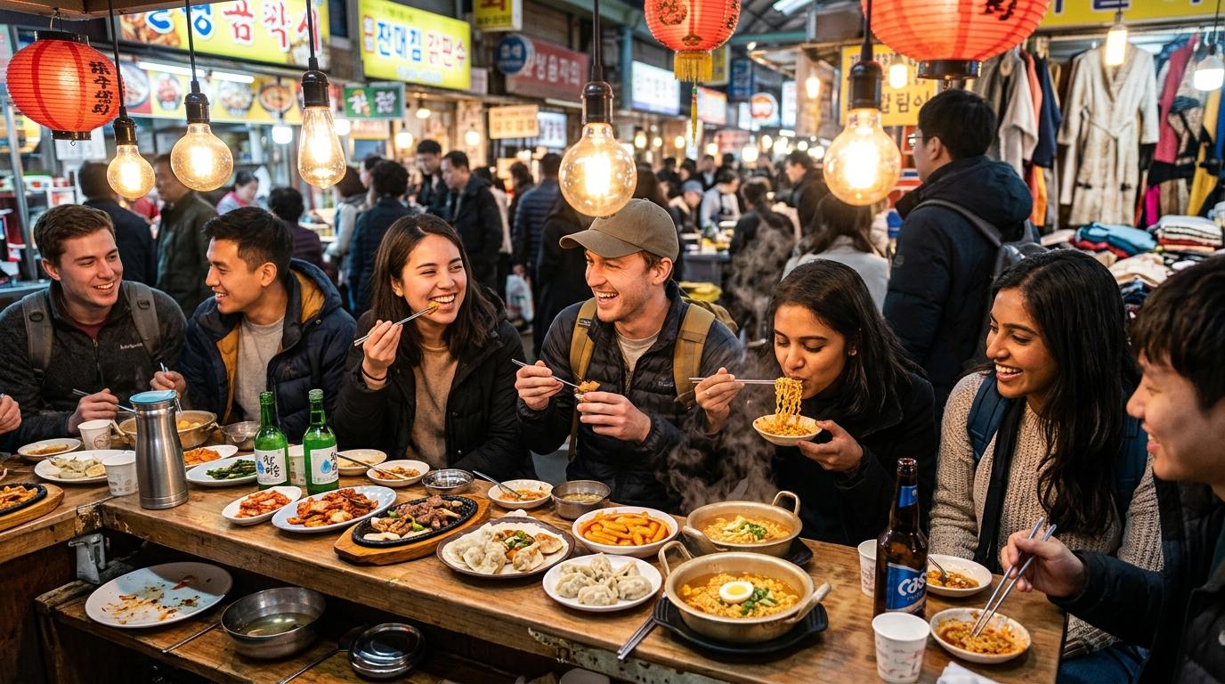 Яркая, живо выглядящая фотореалистичная сцена, путешественники сидят у компактной стойки на рынке, небольшие тарелки с корейской едой, пар от лапши, теплый свет, многолюдно, но