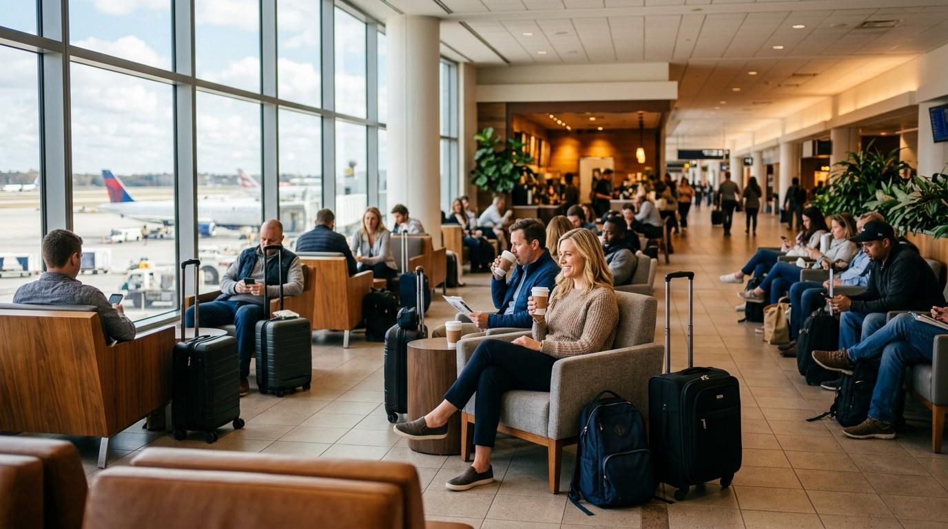 Гэгээлэг, өнгөлөг, бодит мэт дулаахан нисэх буудлын хүлээлгийн хэсэг, зорчигчид кофе ууж байна, хажууд нь гар тээшнүүд, зөөлөн өдрийн гэрэл, орчин үеийн суудал, уншигдах бичиггүй