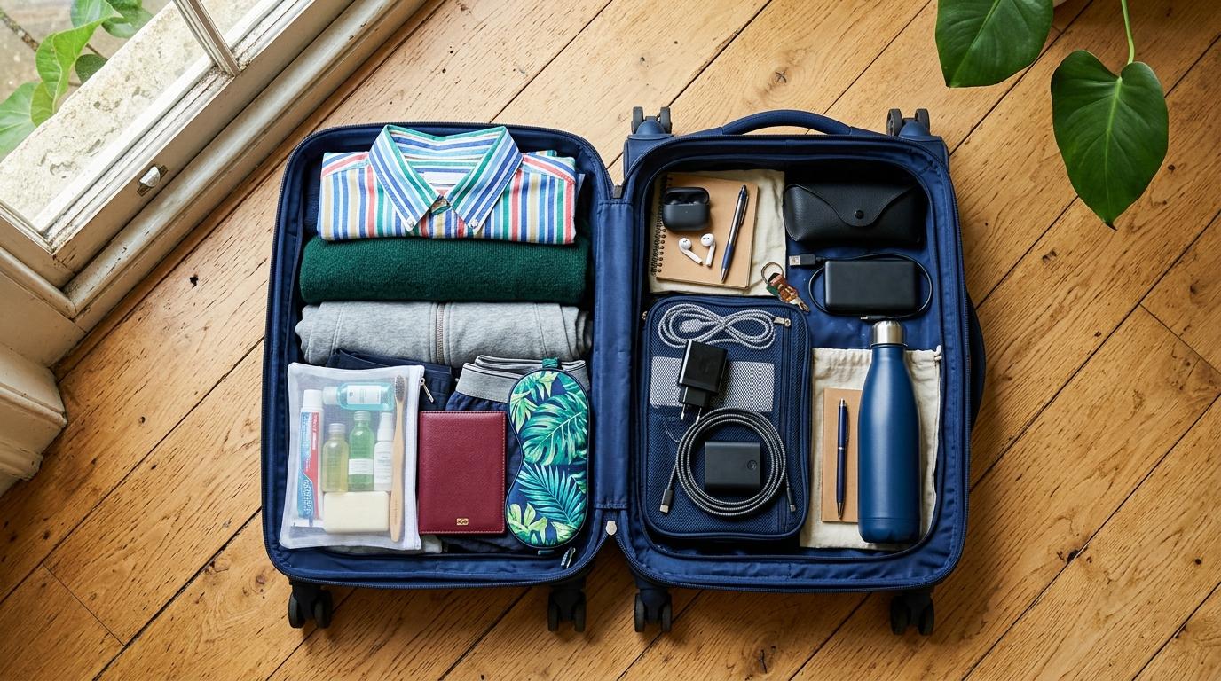 Аяллын хэрэгслүүдтэй, онгойлгосон гар тээшний тод, амьд өнгөт, фото бодит flat lay зураг, цэнэглэгч, паспорт, ариун цэврийн хэрэглэл, нүдний баг, цэвэр хувцас, бичвэргүй