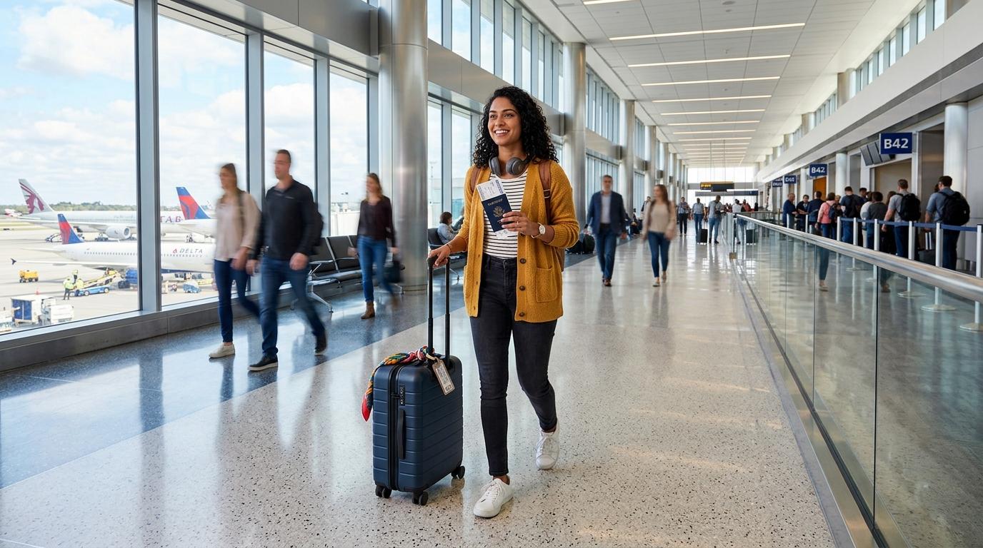 Цэвэрхэн нисэх буудлын орчинд гар тээшний чемоданы хажууд паспорт, суух тасалбар барьсан олон улсын транзит зорчигчийг дүрсэлсэн тод, эрч хүчтэй фото бодит зураг