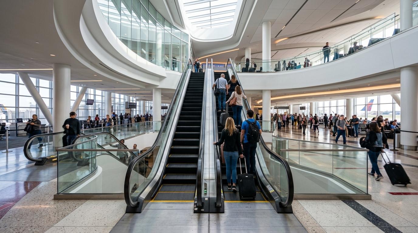 Онгоцны буудлын эскалатор дээд давхар руу өгсөж буй тод, амьд фотободит интерьер, гар тээштэй аялагчид, цэвэр, ирээдүйсэг дизайн, уншигдахуйц бичвэргүй