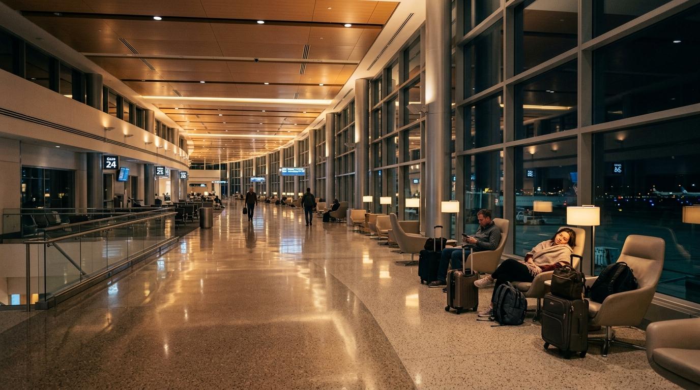 Дулаан гэрэлтэй, өнгөлсөн шал нь тусгалаа өгсөн, цөөн аялагч амарч буй, нам гүм нисэх буудлын явах бүс доторх тод, бодит мэт шөнийн дүр зураг