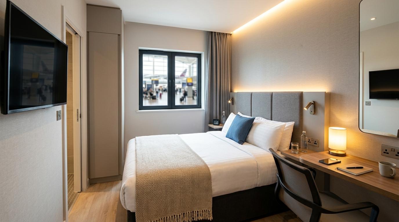 Нямбай зассан ортой, жижиг ширээтэй, дулаан гэрэлтүүлэгтэй, орчин үеийн төвийг сахисан өнгөтэй, бичвэргүй, авсаархан нисэх буудлын транзит зочид буудлын өрөөний тод, бодит мэт зураг