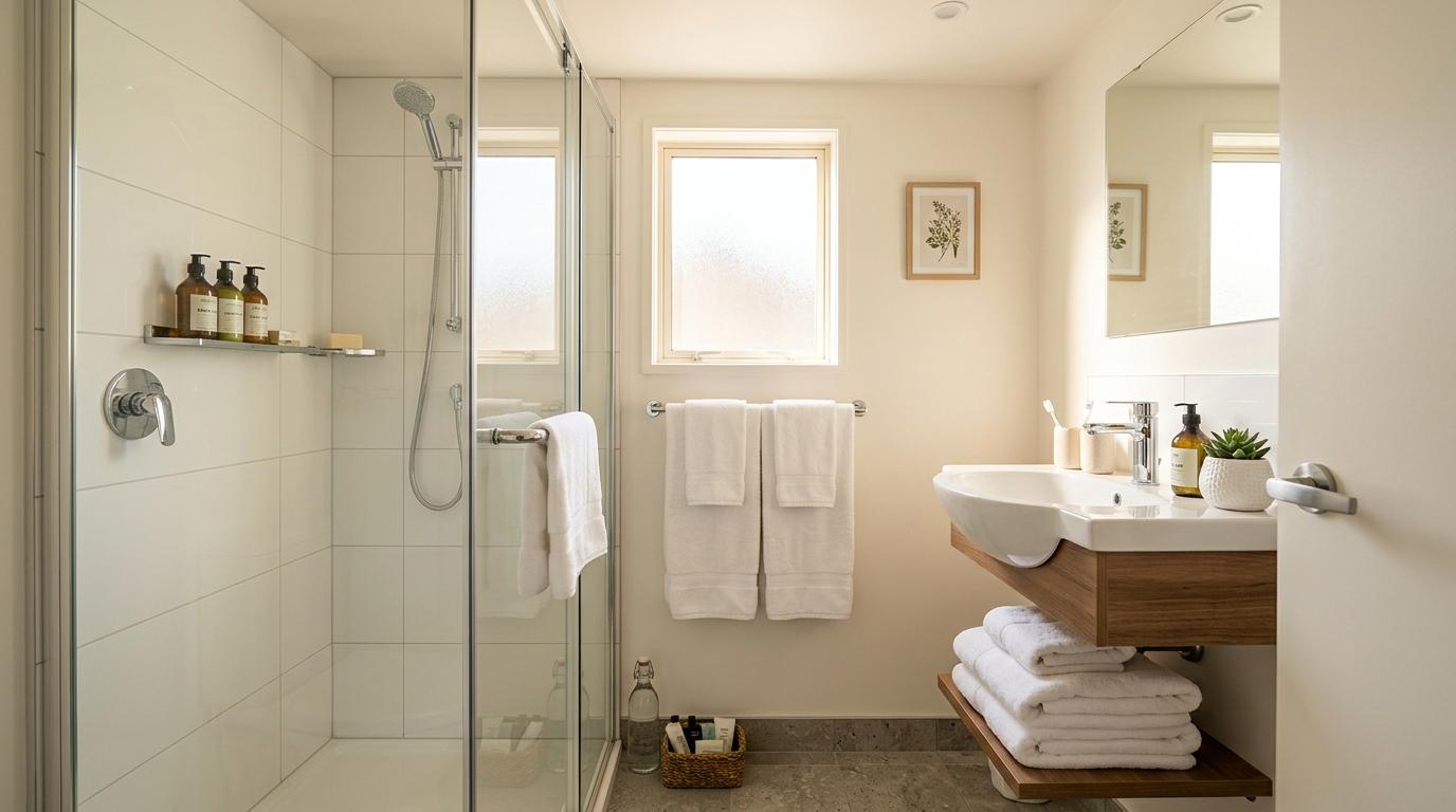 Шүршүүртэй, цагаан алчууртай, зөөлөн гэрэлтүүлэгтэй, орчин үеийн тоноглолтой, бичвэргүй, цэмцгэр авсаархан зочид буудлын угаалгын өрөөний ойроос авсан тод, бодит мэт зураг