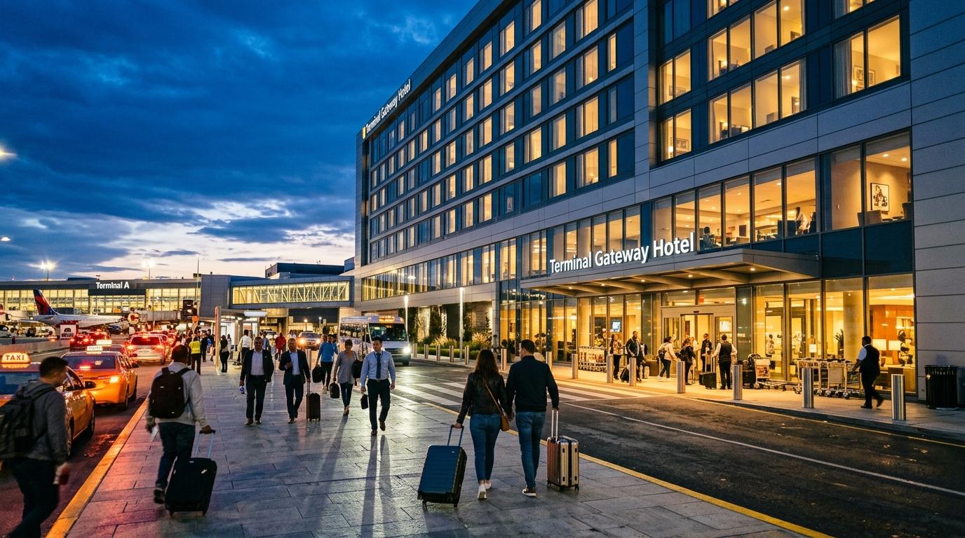 Бүүдгэрийн үед терминалын ойролцоох нисэх буудлын зочид буудлын гадна фасад, чемодантай зорчигчид, гэрэлтсэн цонхнууд, цэвэр орчин үеийн архитектур, уншигдахуйц бичиггүй