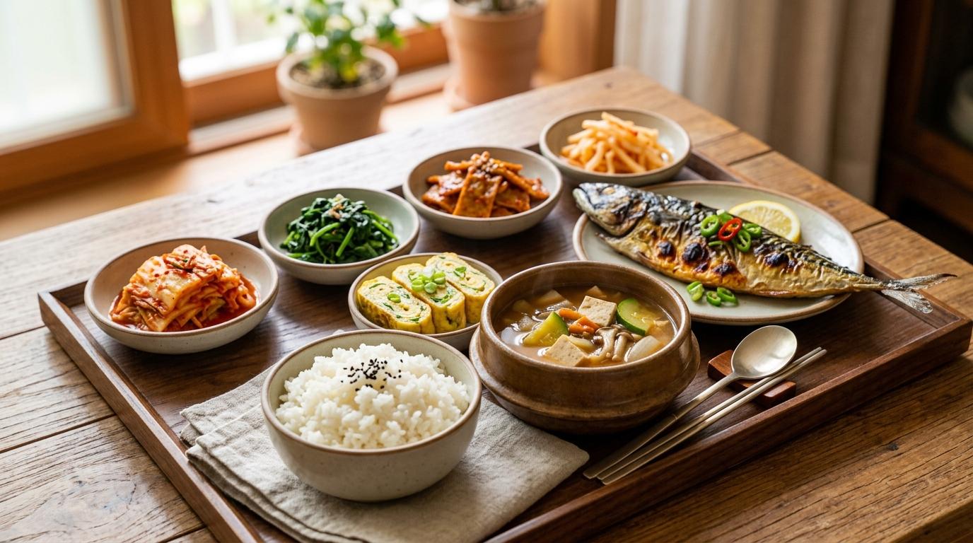 Bright vibrant photorealistic Korean home-style lunch tray with rice, soup, grilled fish, kimchi, vegetable side dishes, metal chopsticks, cozy daylight, no vis