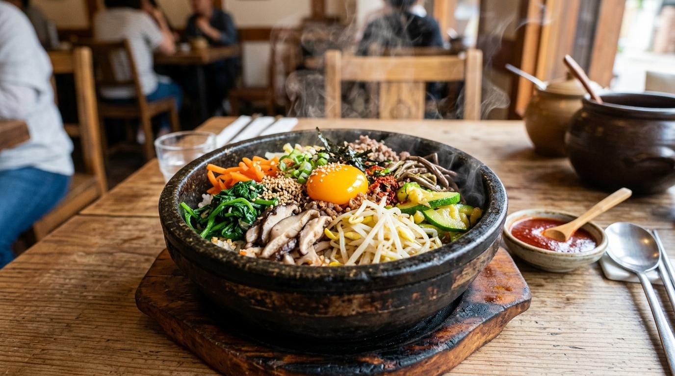Bright vibrant photorealistic hot stone bowl rice topped with colorful vegetables, egg yolk, sesame seeds, red sauce on the side, steam rising, no visible text