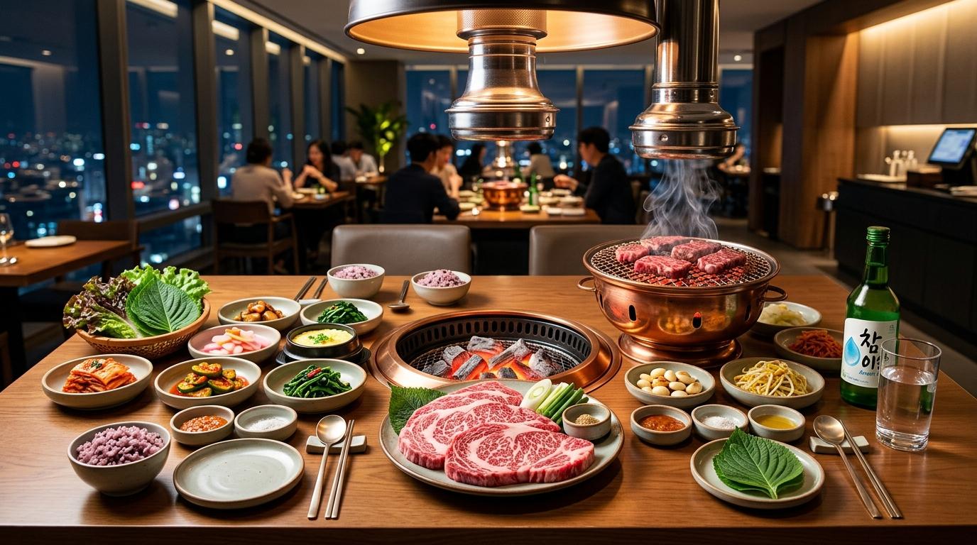 Bright vibrant photorealistic premium Korean beef barbecue table with marbled beef slices, charcoal grill, elegant side dishes, modern Seoul dining room, no vis