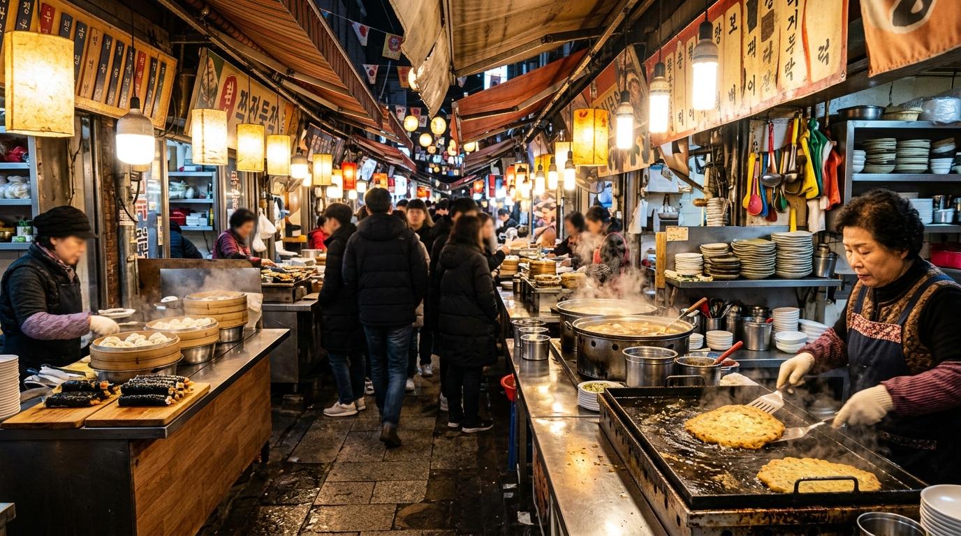 Bright vibrant photorealistic traditional Seoul market food alley with sizzling pancakes, dumplings, rice rolls, busy counters, warm lights, no readable signs,