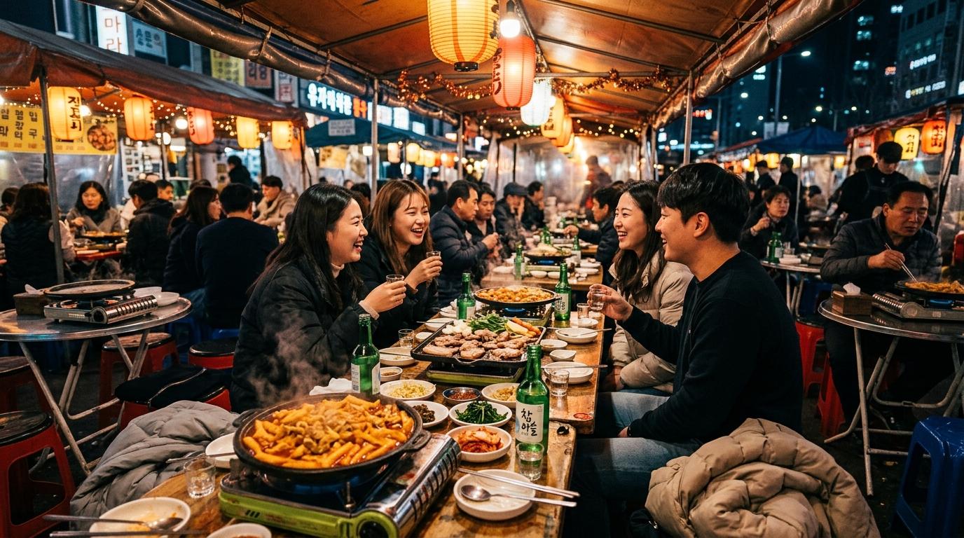 Bright vibrant photorealistic Seoul late-night street tent dining with small tables, sizzling shared dishes, soju glasses, warm lantern light, lively atmosphere