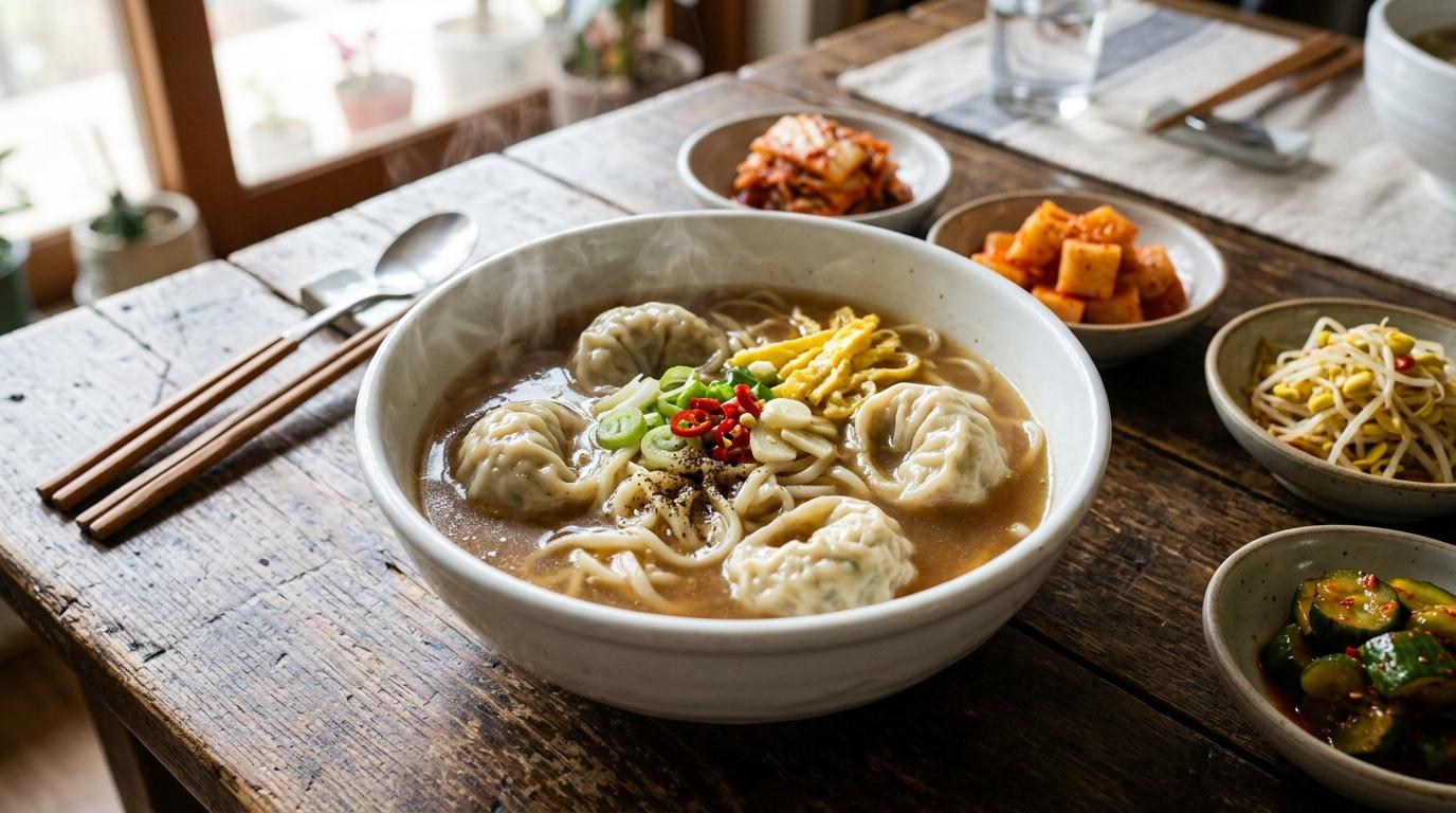 Bright vibrant photorealistic steaming Korean noodle soup with handmade dumplings in a white bowl, kimchi side dishes, wooden table, soft daylight, no visible t