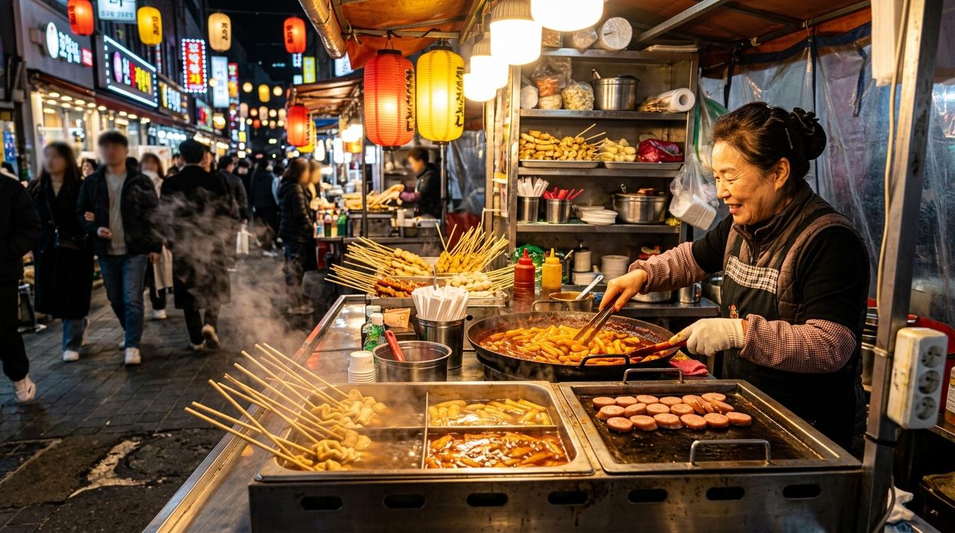 Bright vibrant photorealistic Seoul street food stall with spicy rice cakes, fish cake skewers in broth, sliced sausage, steam, evening lights, no visible text