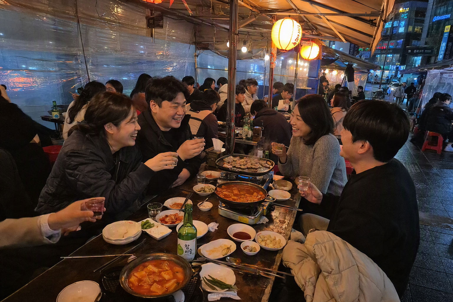 Bright vibrant photorealistic Seoul late-night street tent dining with small tables, sizzling shared dishes, soju glasses, warm lantern light, lively atmosphere