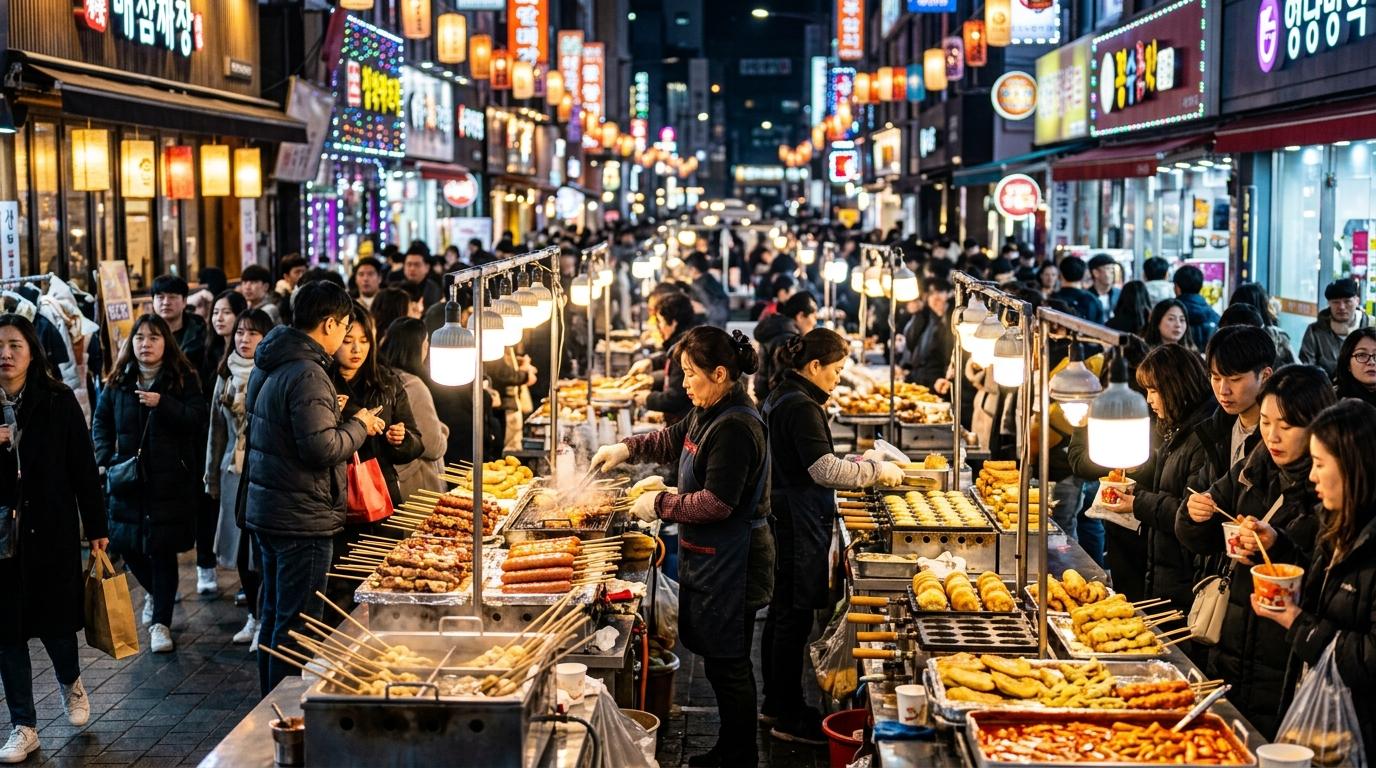 Bright vibrant photorealistic Myeongdong night street food scene with glowing stalls, skewers, egg bread, fried snacks, shoppers, colorful lights, no readable s