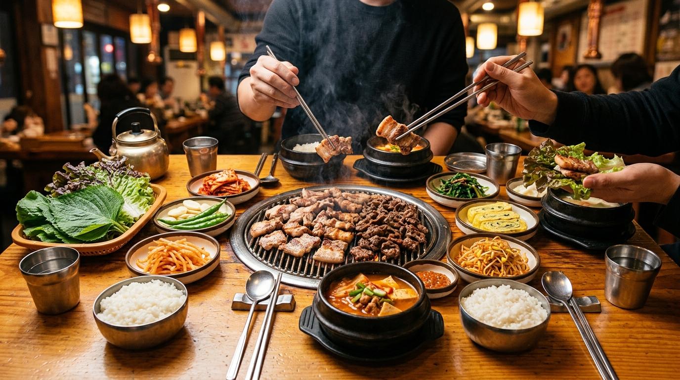 Bright vibrant photorealistic Seoul dining table filled with grilled meat, rice bowls, soup, colorful side dishes, chopsticks, warm restaurant lighting, no visi