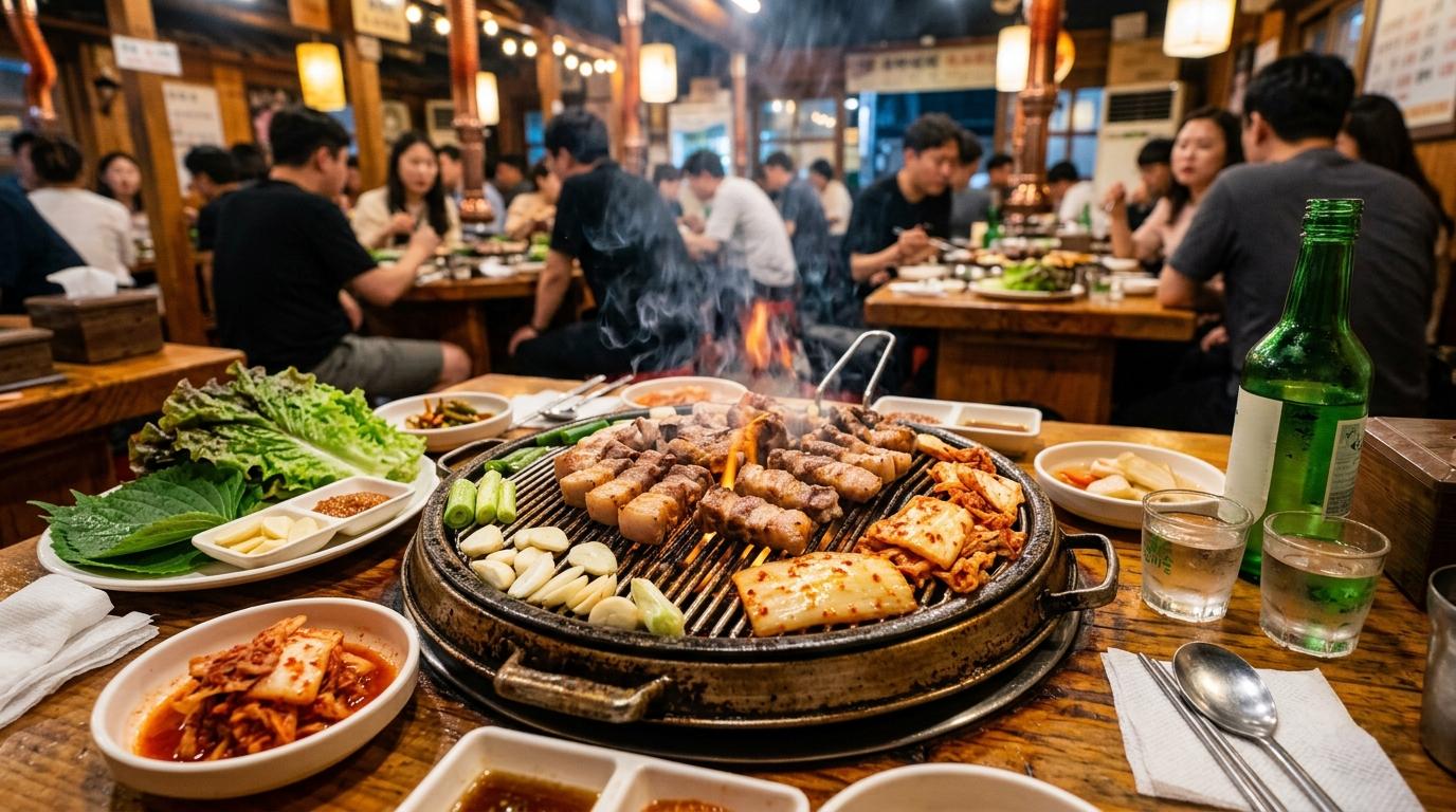 Bright vibrant photorealistic Korean pork barbecue on a round grill with sizzling pork belly, garlic, kimchi, lettuce wraps, soju glasses, cozy Seoul restaurant