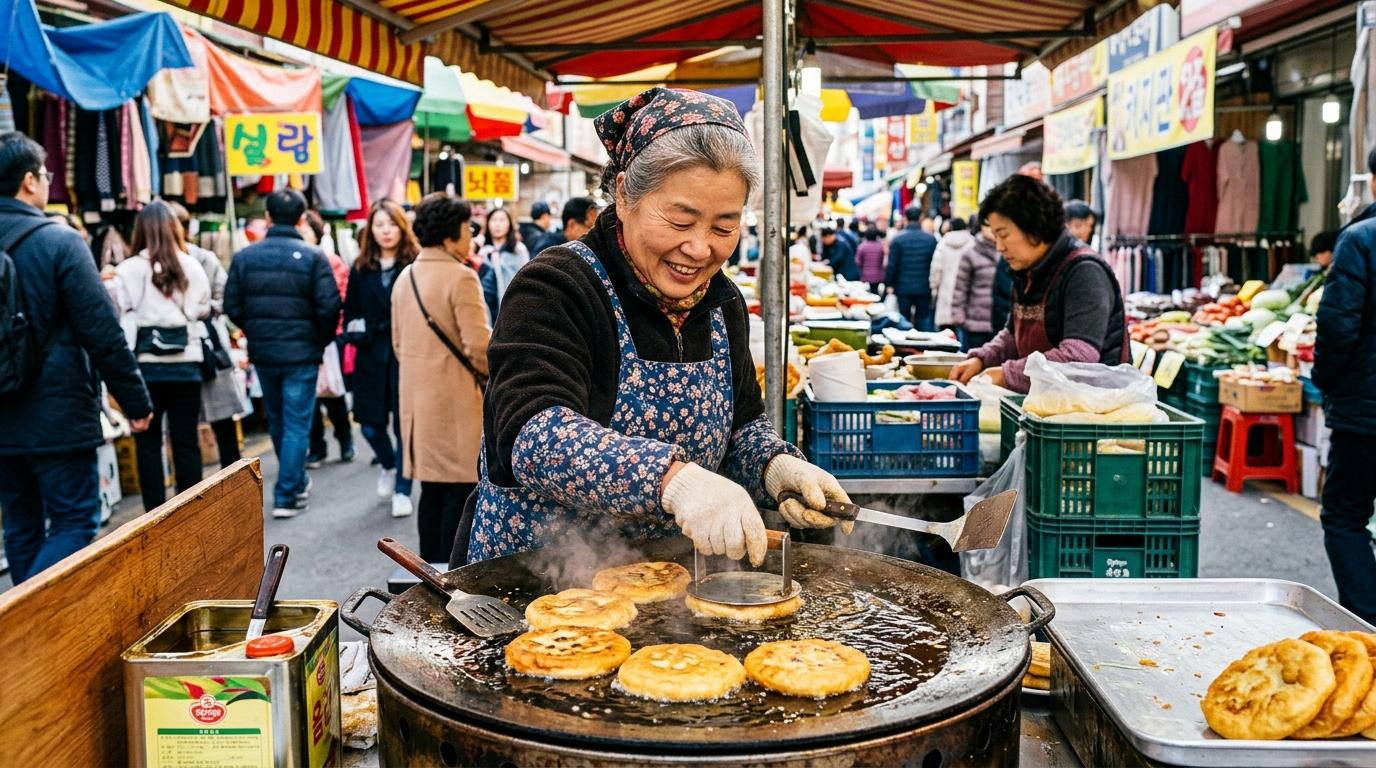 Bright vibrant photorealistic Korean market vendor frying golden stuffed pancakes on a griddle, crisp edges, steam, daytime market background, no visible text