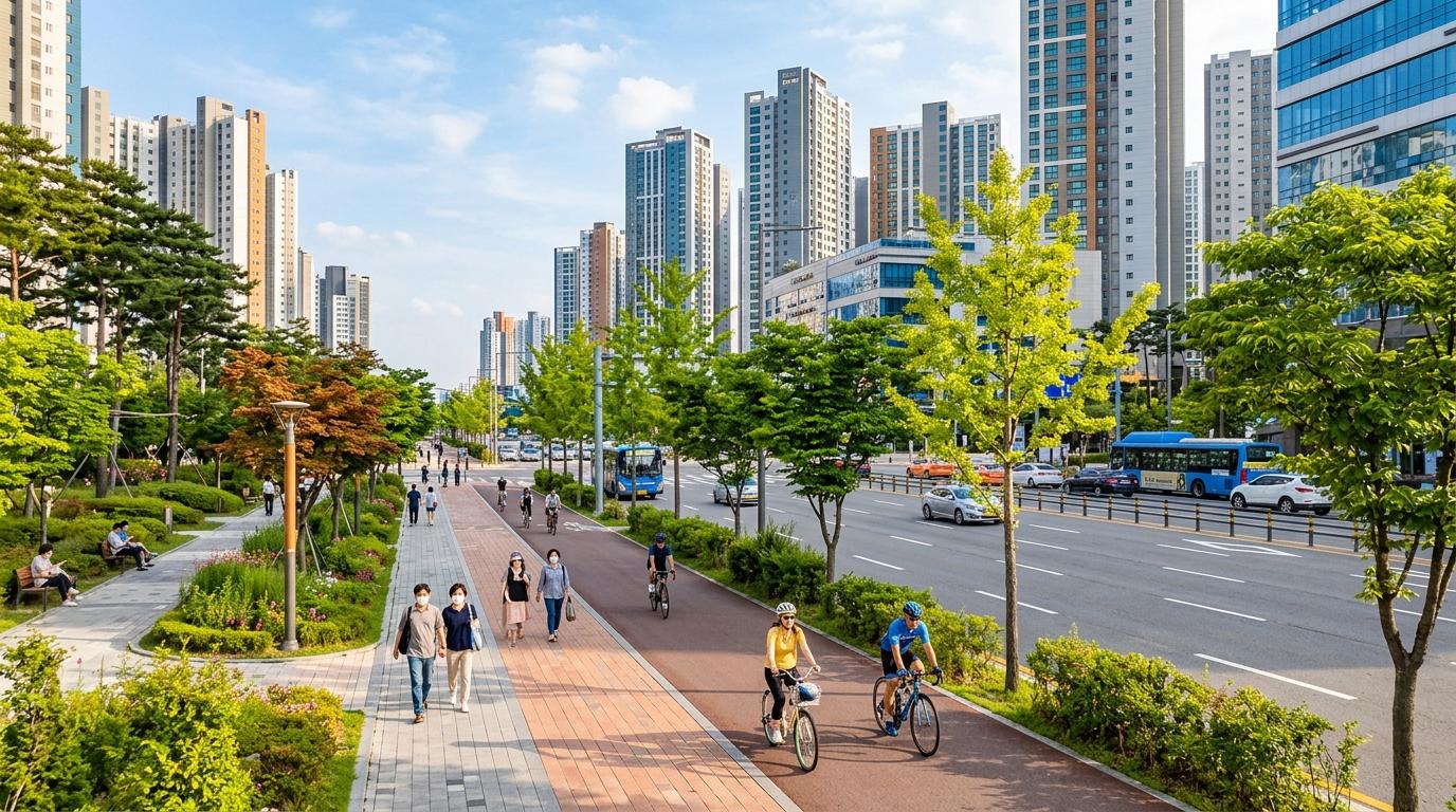 bright vibrant photorealistic wide boulevard in a modern Gyeonggi-do city with apartment towers, landscaped parks, cyclists, sunny weather, no text