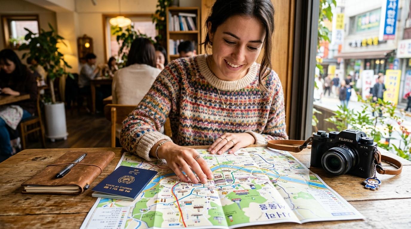 bright vibrant photorealistic close-up of a traveler looking at a colorful South Korea city map on a cafe table, passport and camera beside it, no text