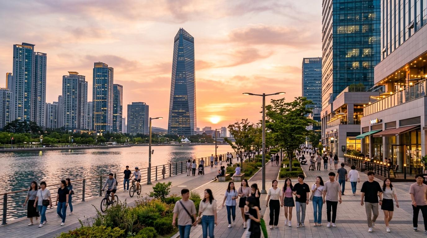 bright vibrant photorealistic city street in Incheon with modern buildings, waterfront atmosphere, people walking, soft sunset light, no text
