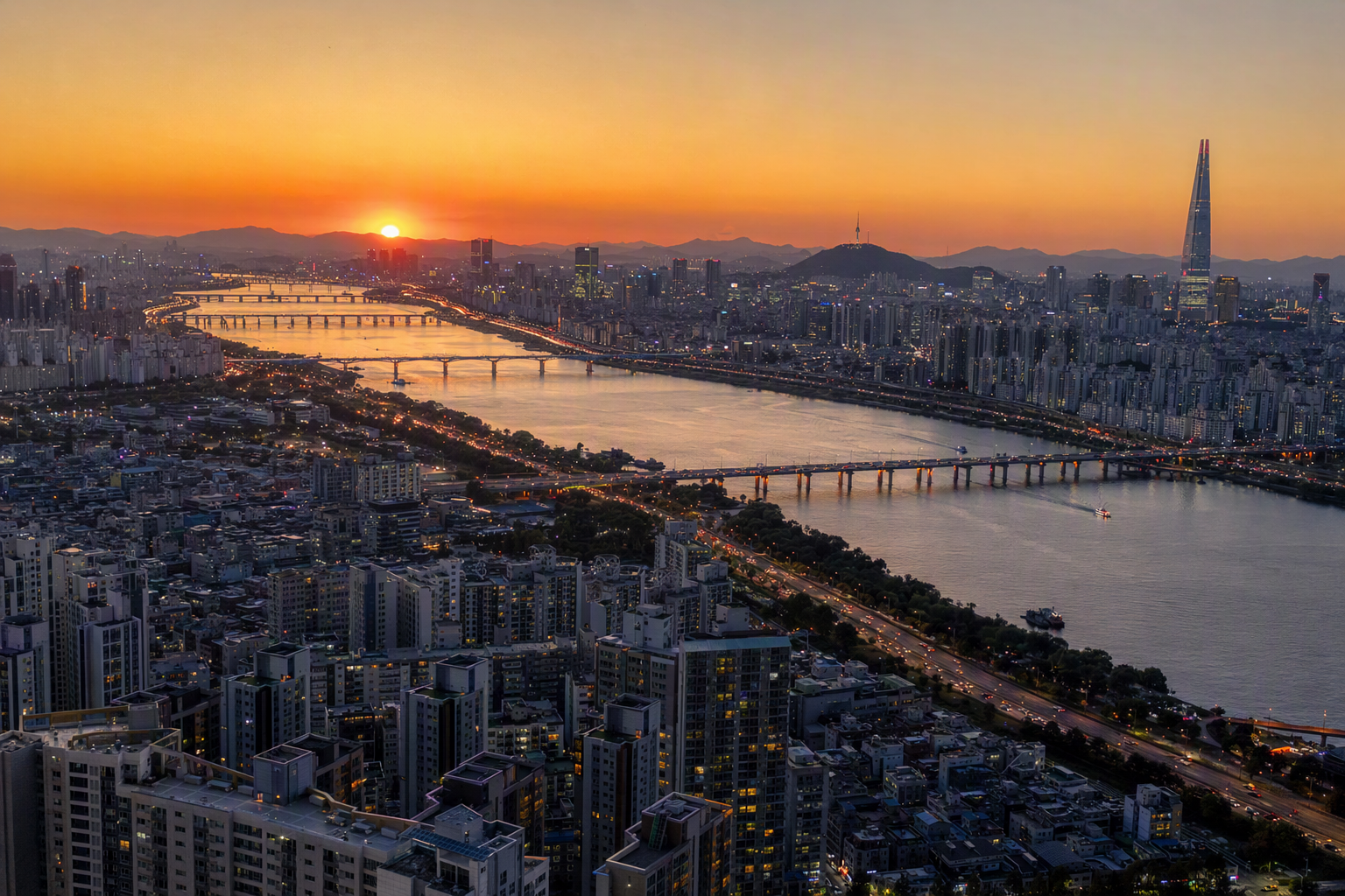 bright vibrant photorealistic aerial view of Seoul skyline at sunset with the Han River, dense apartment towers, glowing bridges, clear sky, no text