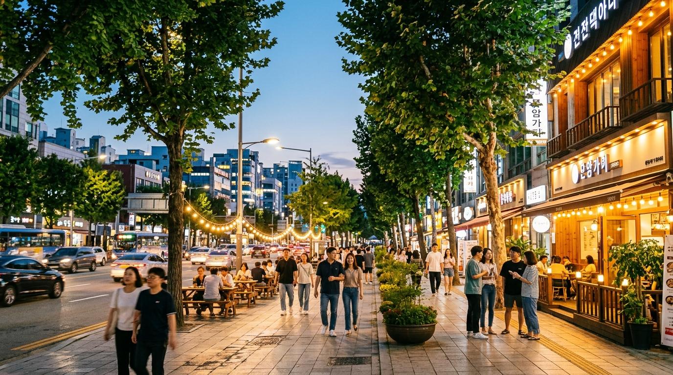 bright vibrant photorealistic city avenue in Gwangju with leafy streets, warm cafe lights, people walking, clear evening sky, no text