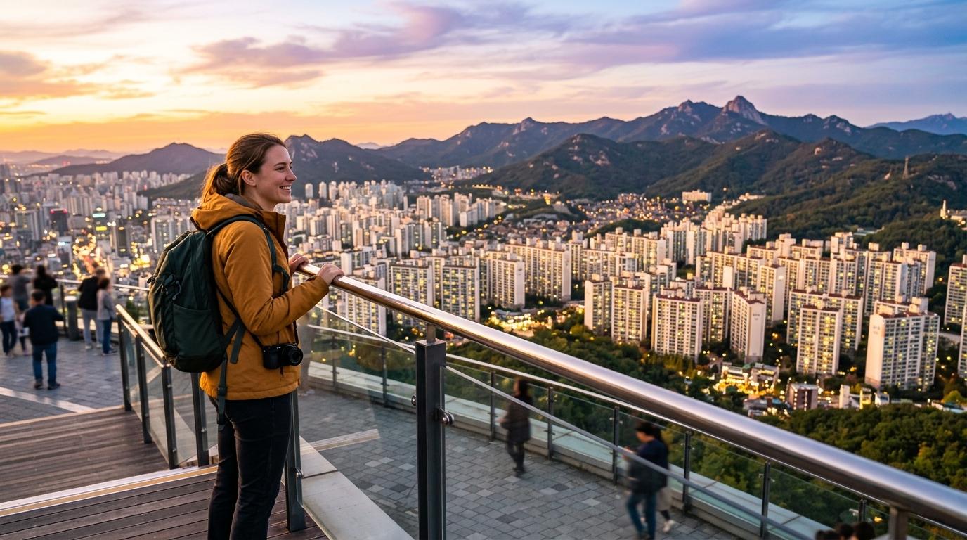 bright vibrant photorealistic traveler standing on an elevated city viewpoint overlooking dense Korean apartment towers and mountains, golden sunset, no text