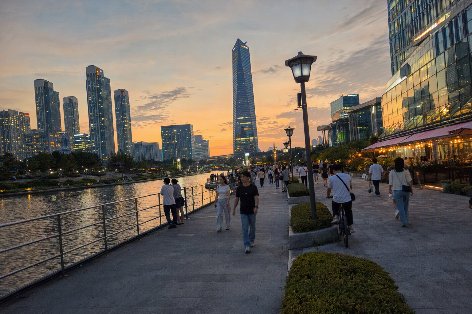 bright vibrant photorealistic city street in Incheon with modern buildings, waterfront atmosphere, people walking, soft sunset light, no text