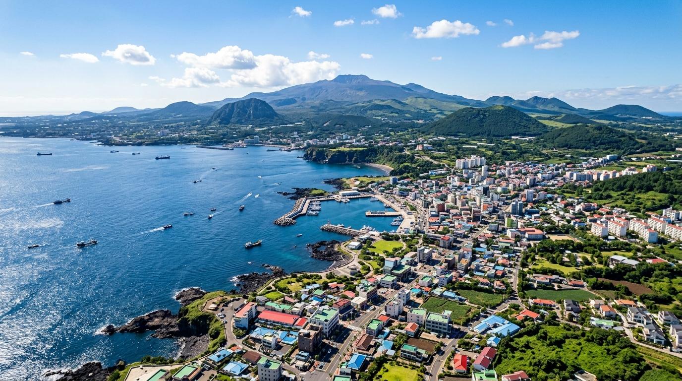 bright vibrant photorealistic view of Jeju coastal city and blue ocean from above, volcanic hills in the distance, sunny day, no text