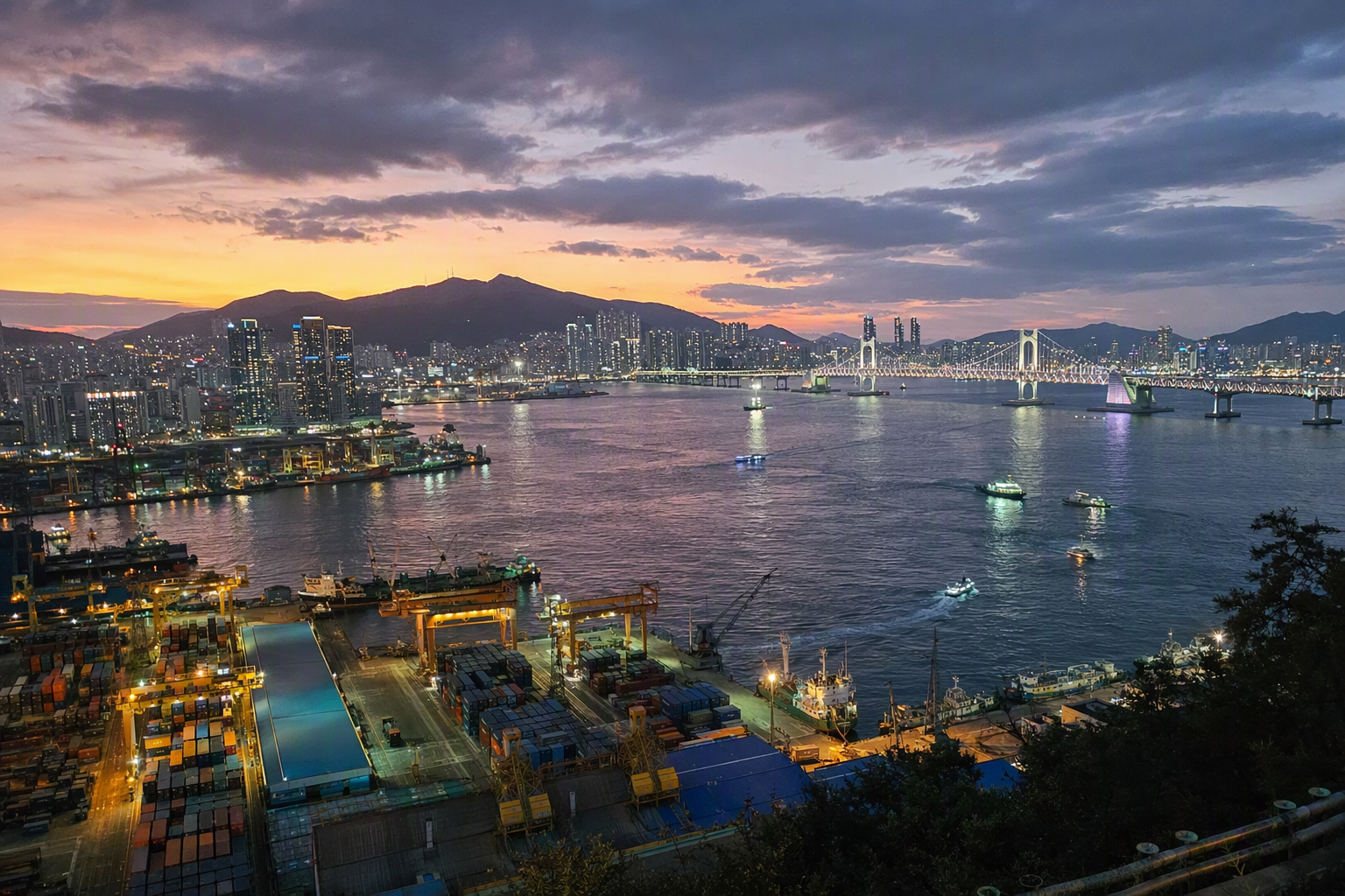 bright vibrant photorealistic southeastern Korean industrial coastal skyline at dusk with harbor lights, mountains, modern city buildings, no text